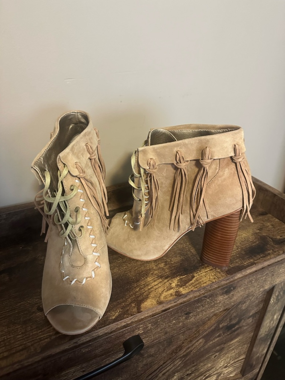 Cynthia Vincent Tan Suede Fringe Lace-Up Peep Toe Ankle Boots